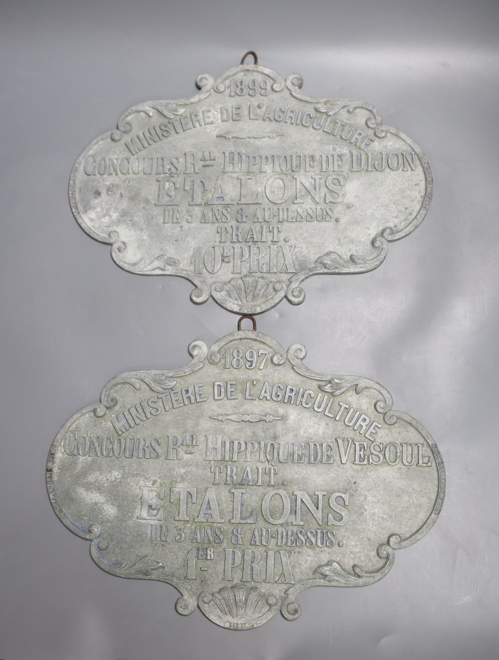Two late 19th century French Ministere de lAgriculture plaques, length 35cm